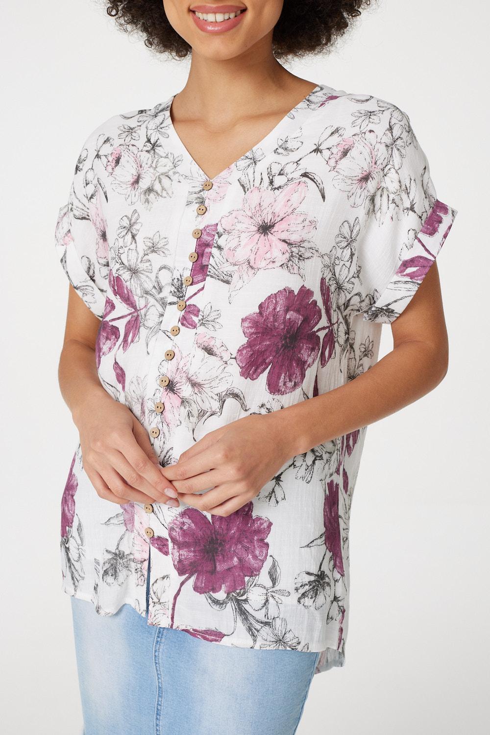 Pink | Floral Button Front Blouse 