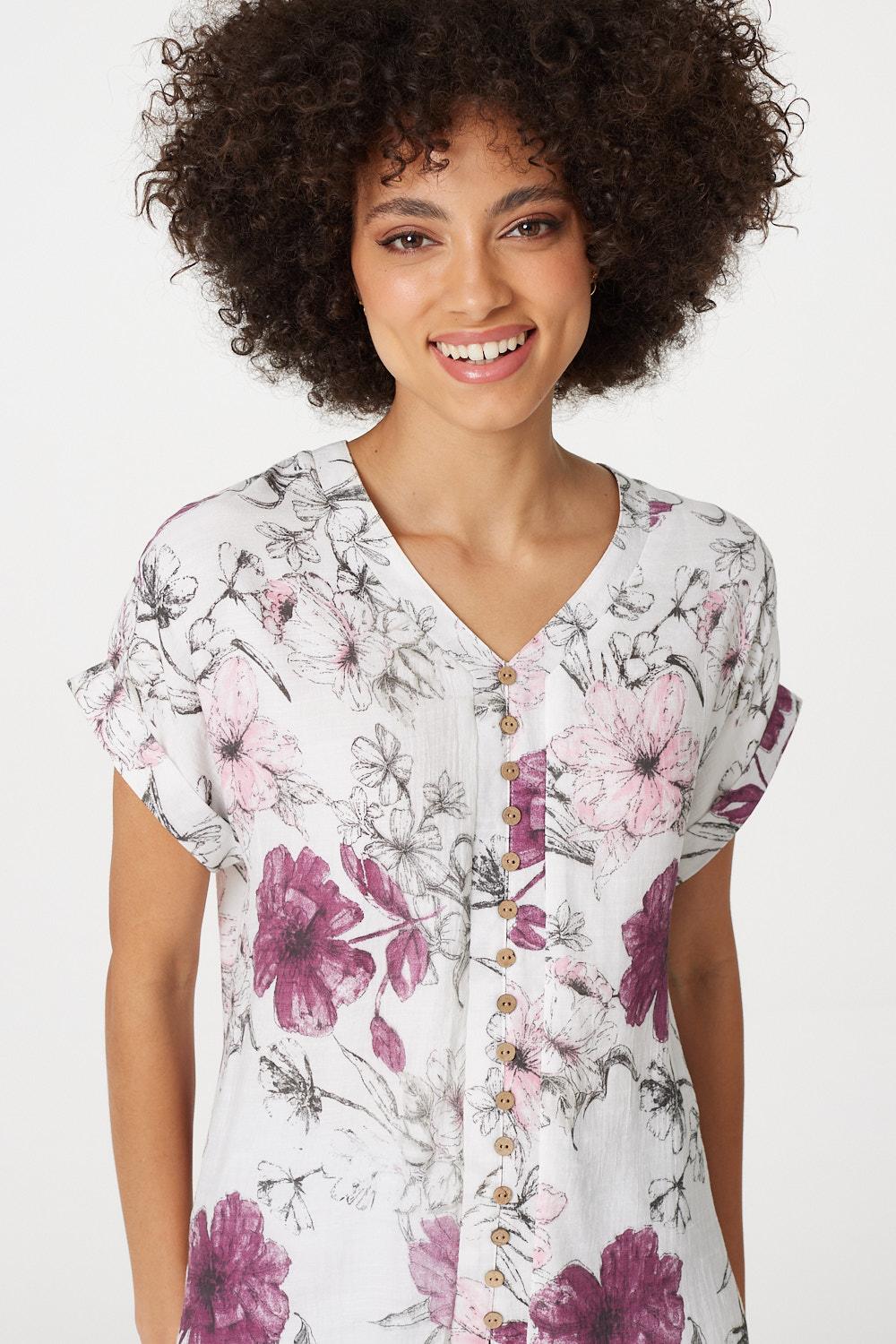 Pink | Floral Button Front Blouse 