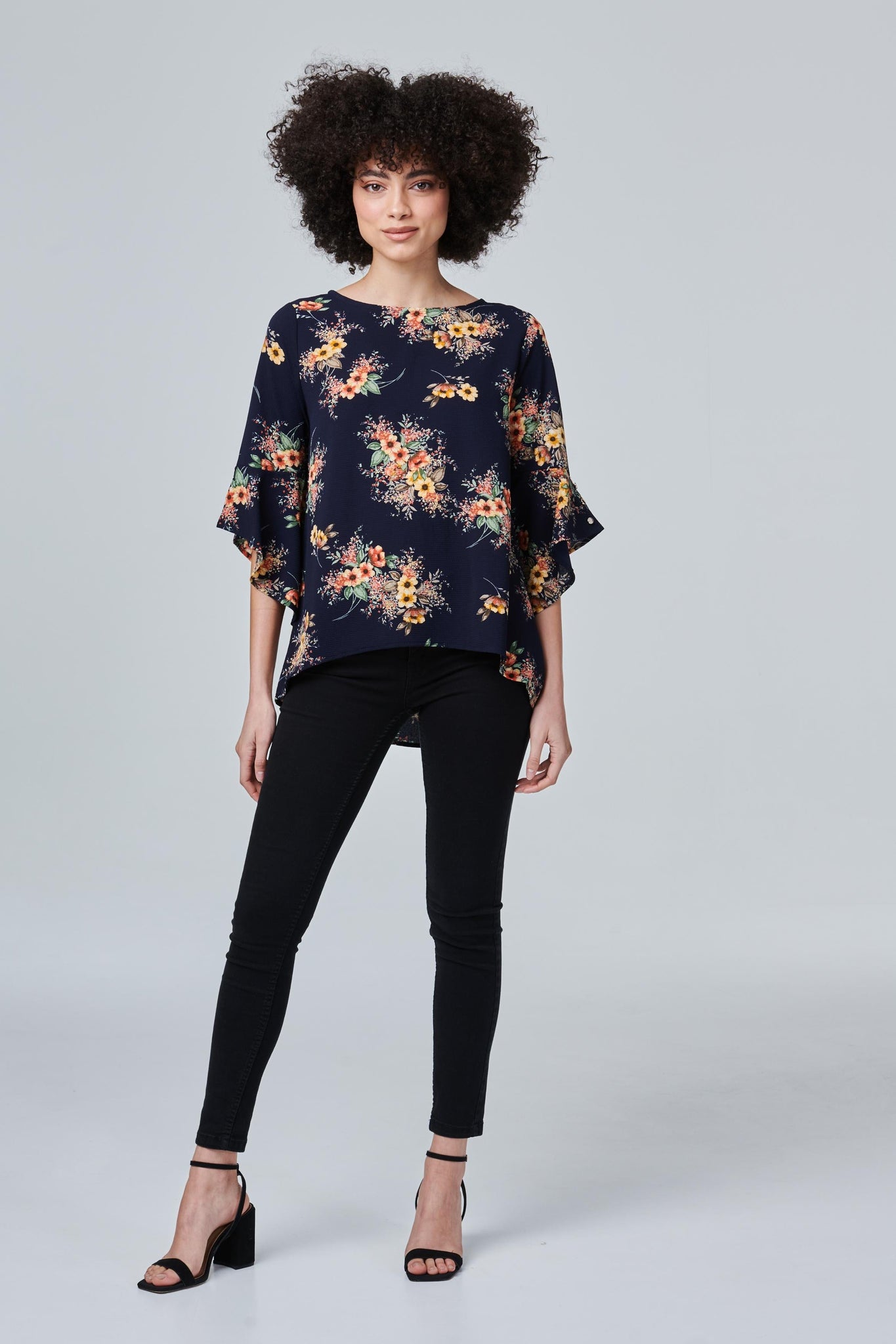 Navy | Floral High Low Flute Sleeve Top