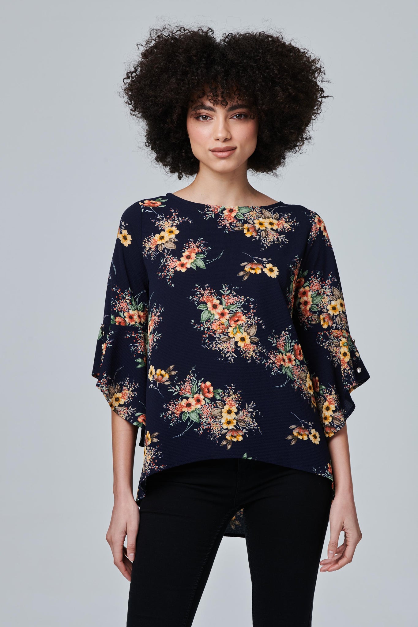 Navy | Floral High Low Flute Sleeve Top