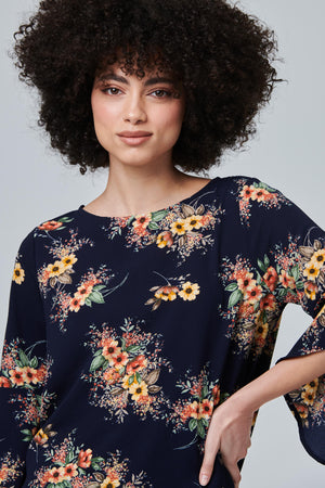 Navy | Floral High Low Flute Sleeve Top