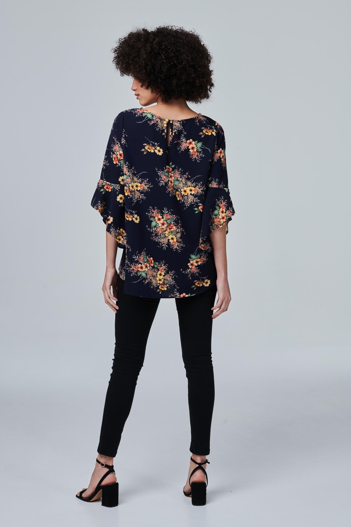 Navy | Floral High Low Flute Sleeve Top