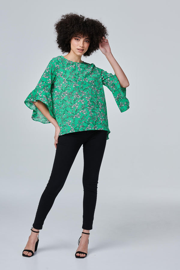 Green | Floral Flute Sleeve Top