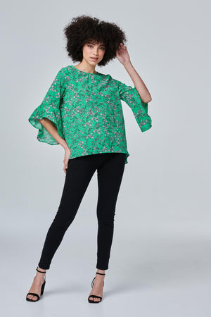 Green | Floral Flute Sleeve Top