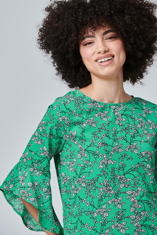 Green | Floral Flute Sleeve Top