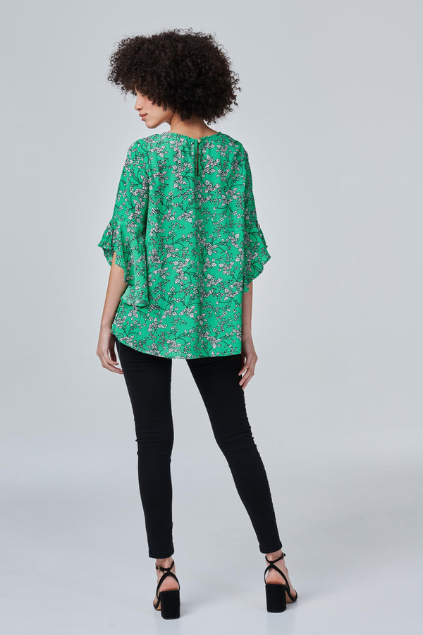 Green | Floral Flute Sleeve Top