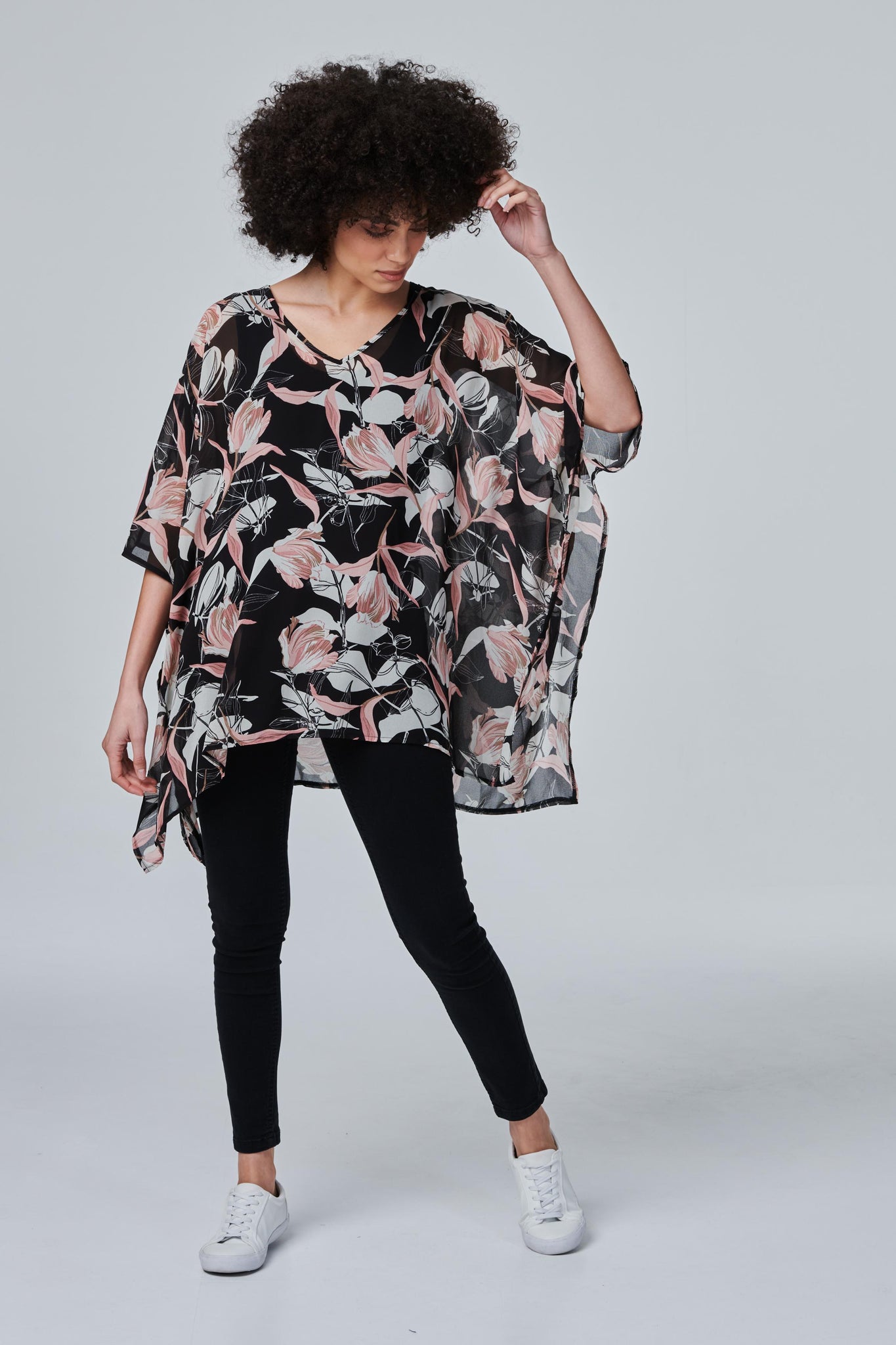 Black | Floral Semi Sheer Flowy Blouse