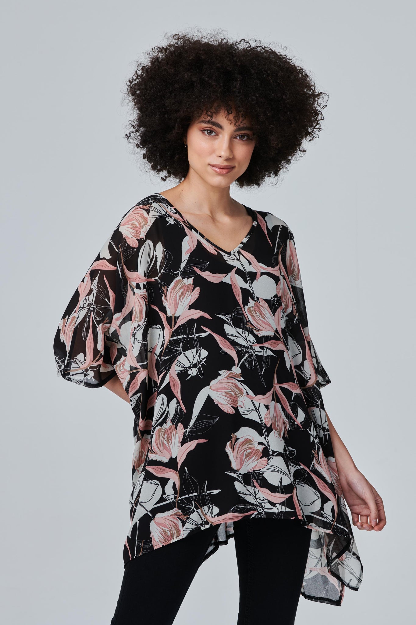 Black | Floral Semi Sheer Flowy Blouse