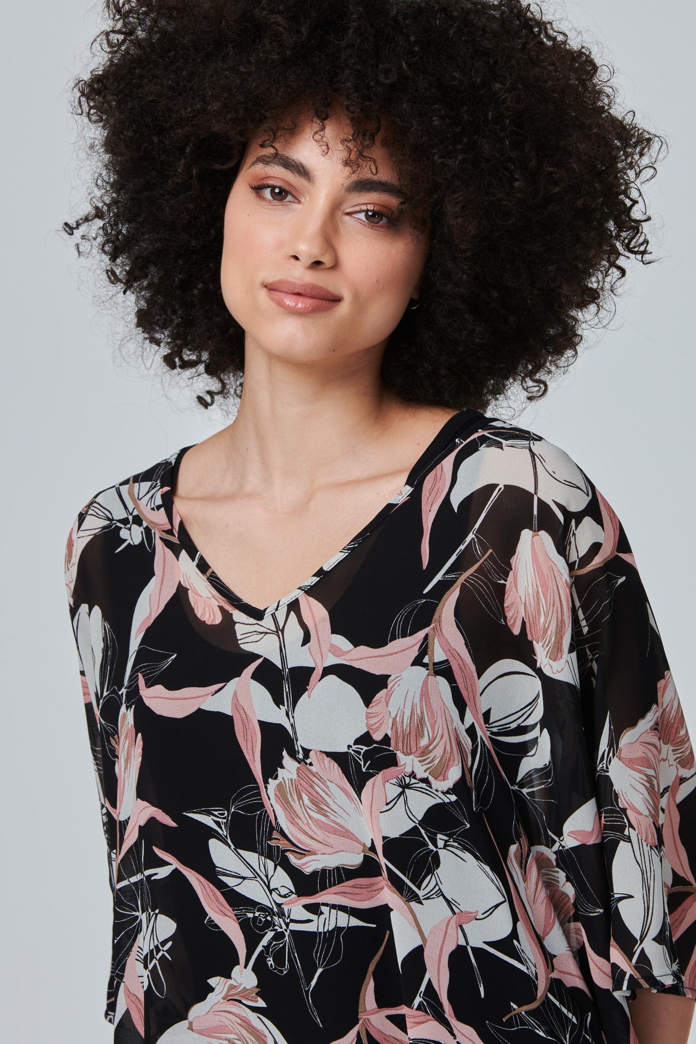 Black | Floral Semi Sheer Flowy Blouse
