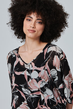 Black | Floral Semi Sheer Flowy Blouse