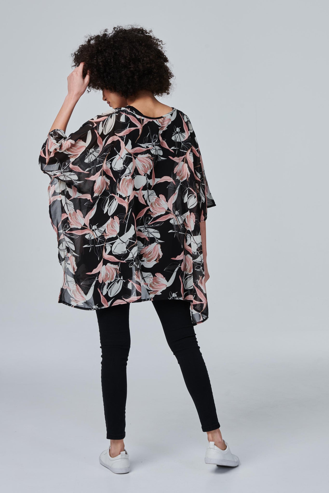 Black | Floral Semi Sheer Flowy Blouse