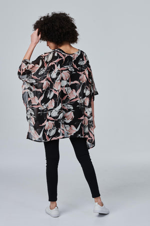 Black | Floral Semi Sheer Flowy Blouse
