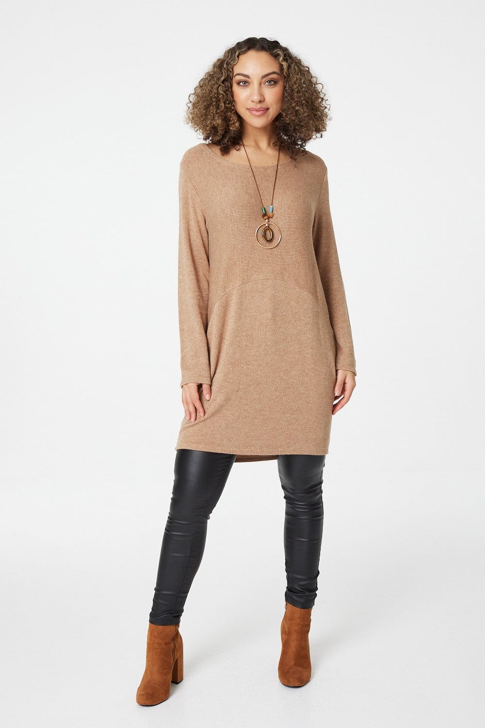 Beige | Longline Tunic Top with Necklace