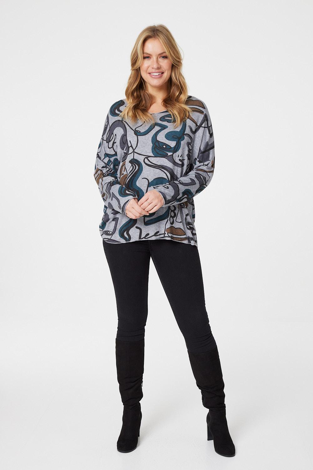 Grey | Printed Oversized V-Neck Top