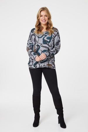 Grey | Printed Oversized V-Neck Top