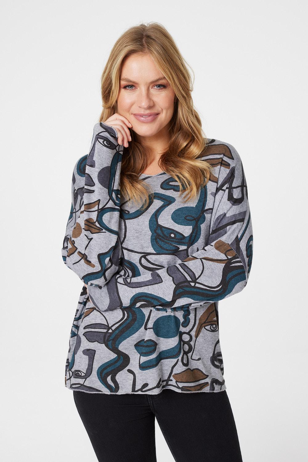 Grey | Printed Oversized V-Neck Top