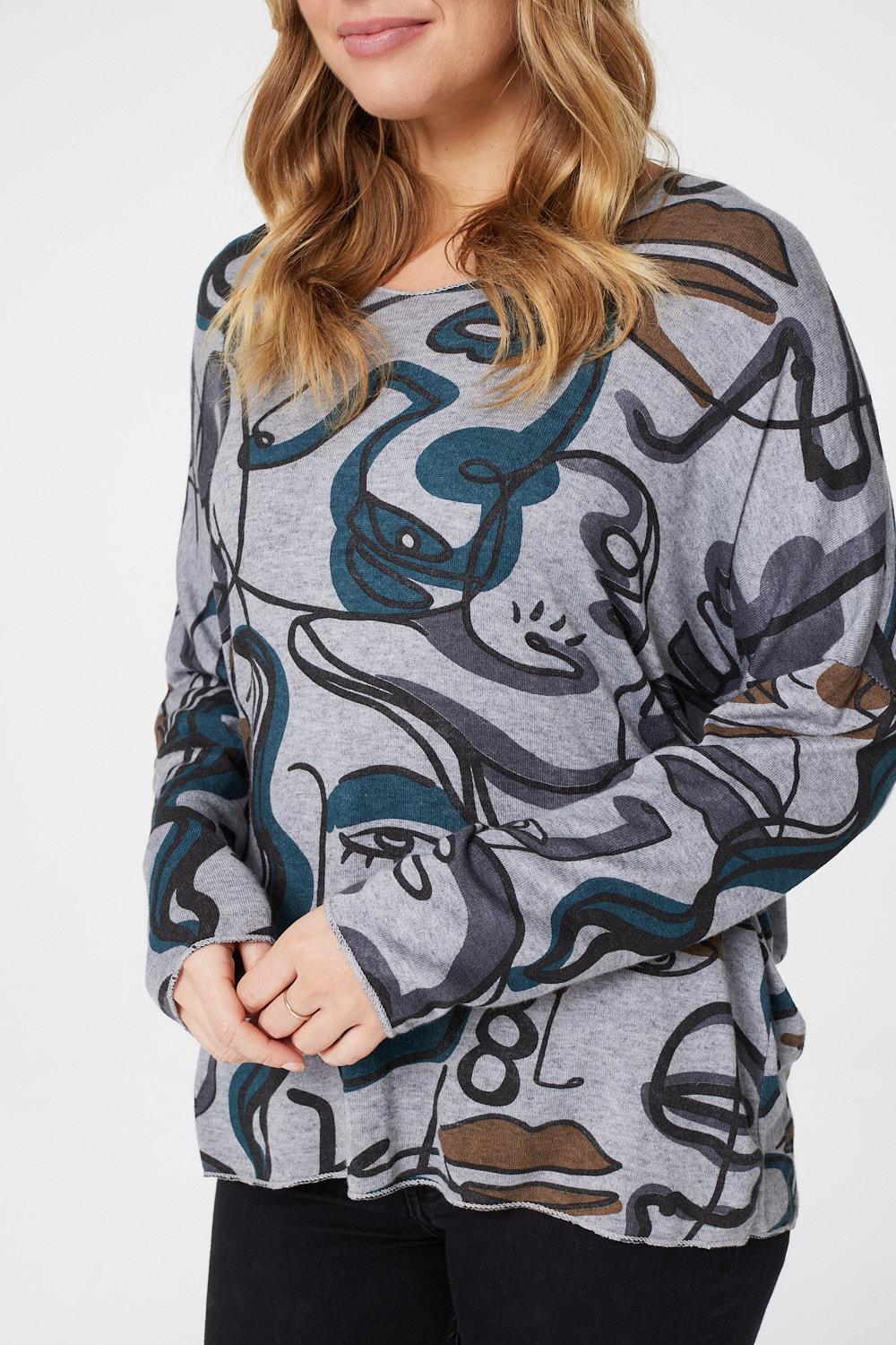 Grey | Printed Oversized V-Neck Top
