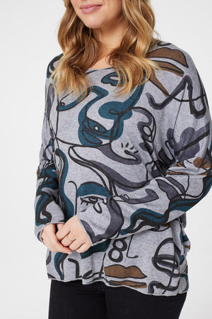Grey | Printed Oversized V-Neck Top