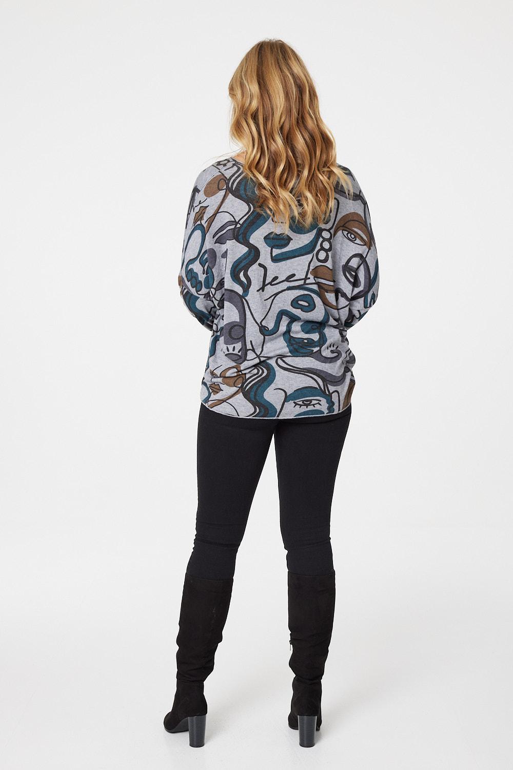 Grey | Printed Oversized V-Neck Top