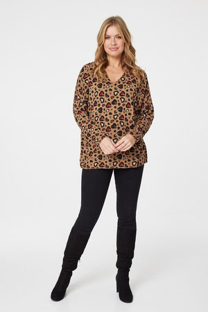 Tan | Animal Print Relaxed V-Neck Top