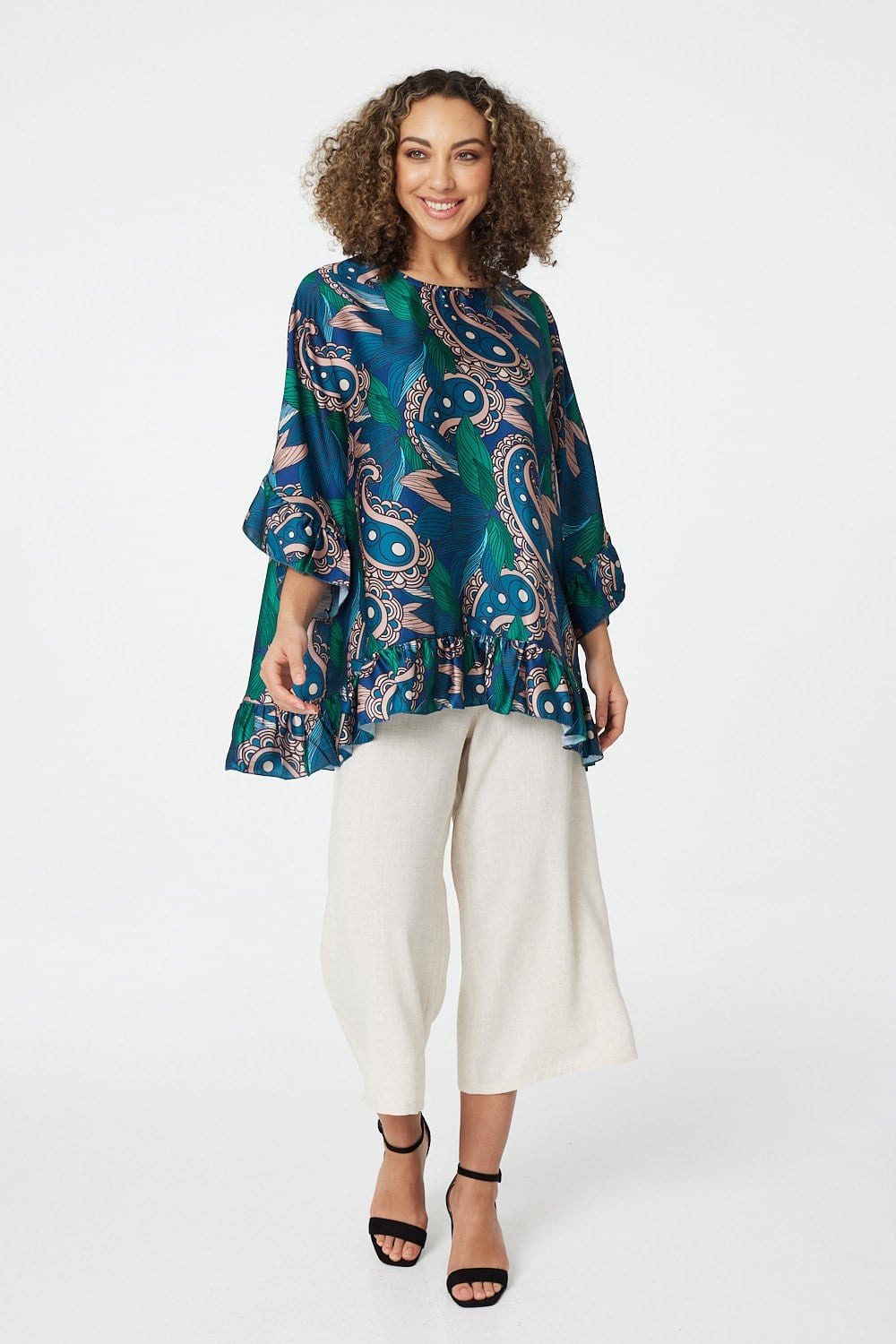 Green | Paisley Print Frilled Smock Blouse