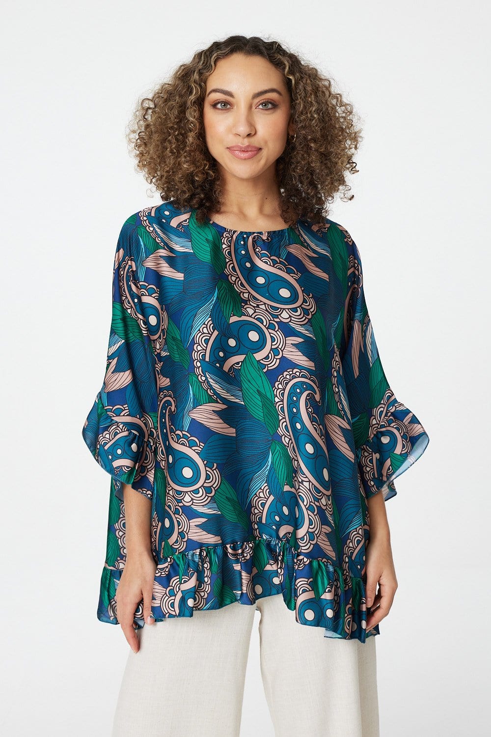 Green | Paisley Print Frilled Smock Blouse