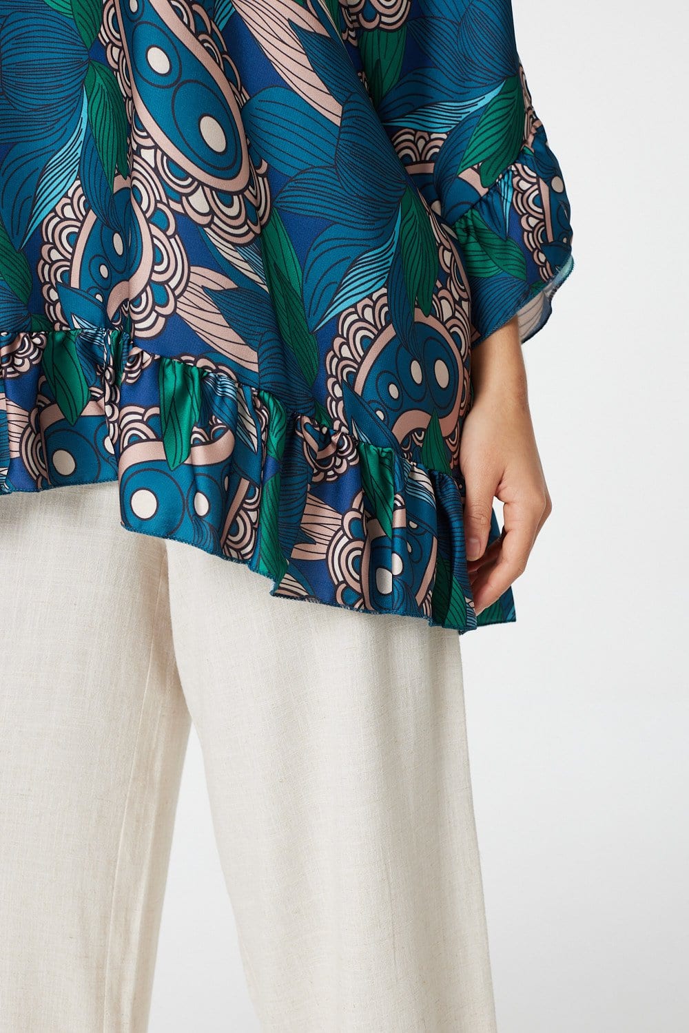 Green | Paisley Print Frilled Smock Blouse