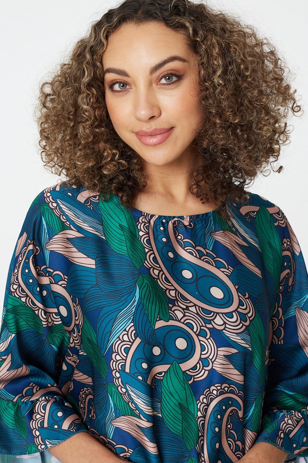 Green | Paisley Print Frilled Smock Blouse