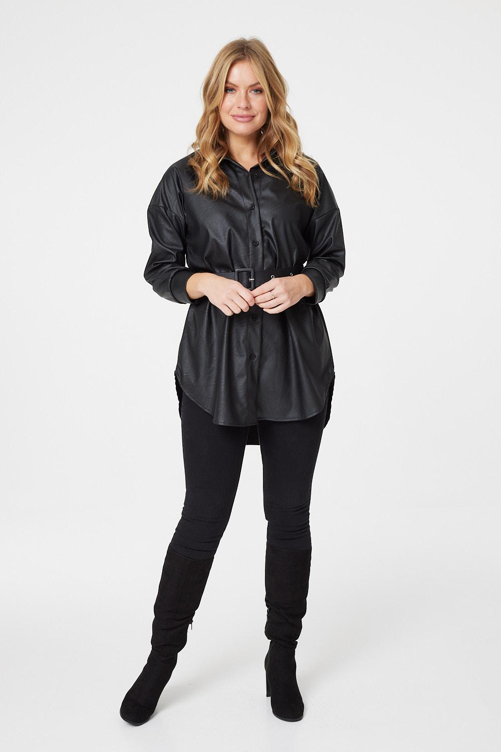 Black | Faux Leather Button Front Shirt
