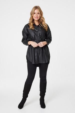 Black | Faux Leather Button Front Shirt