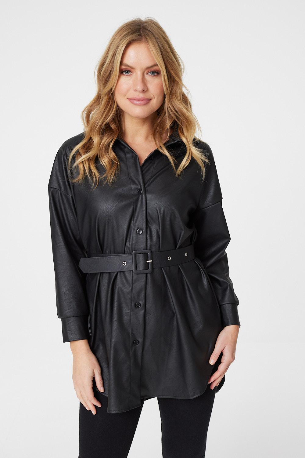 Black | Faux Leather Button Front Shirt