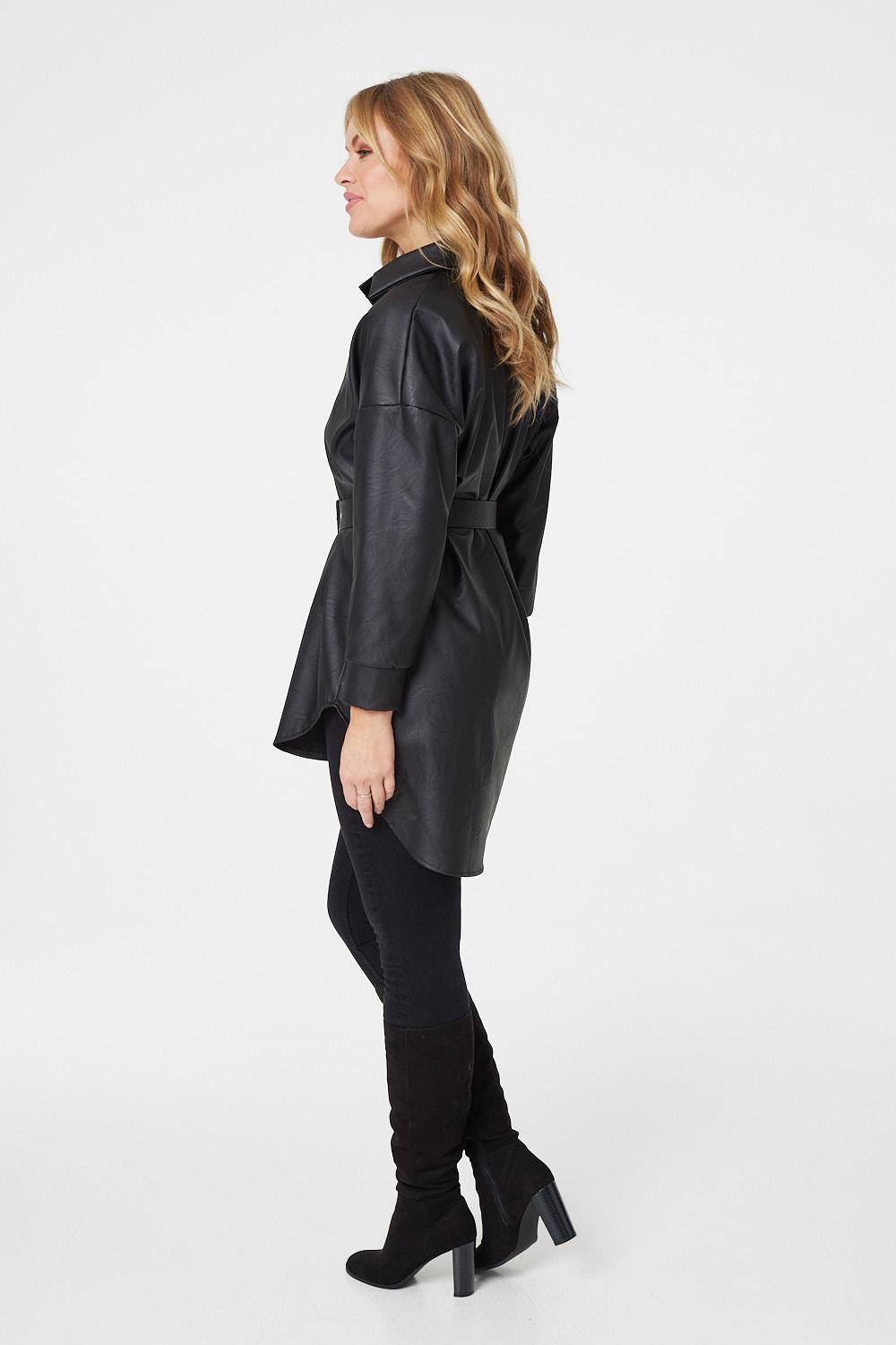 Black | Faux Leather Button Front Shirt