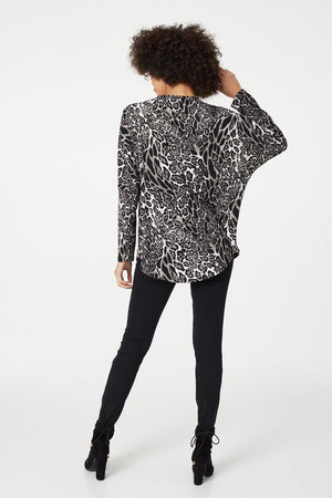Grey | Leopard Print Zip Front Jumper