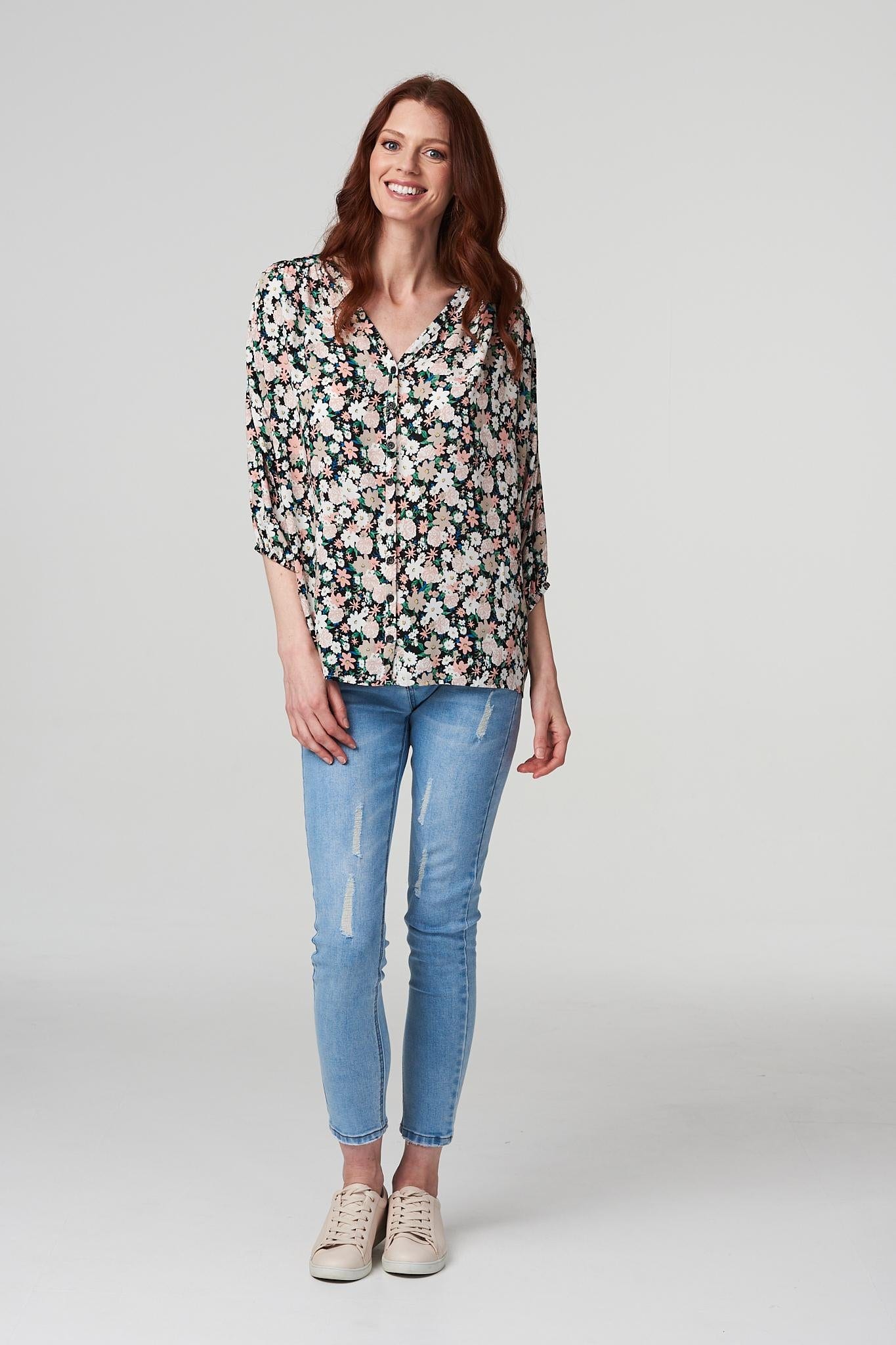 Black | Floral Button Front Blouse Top