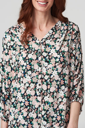 Black | Floral Button Front Blouse Top