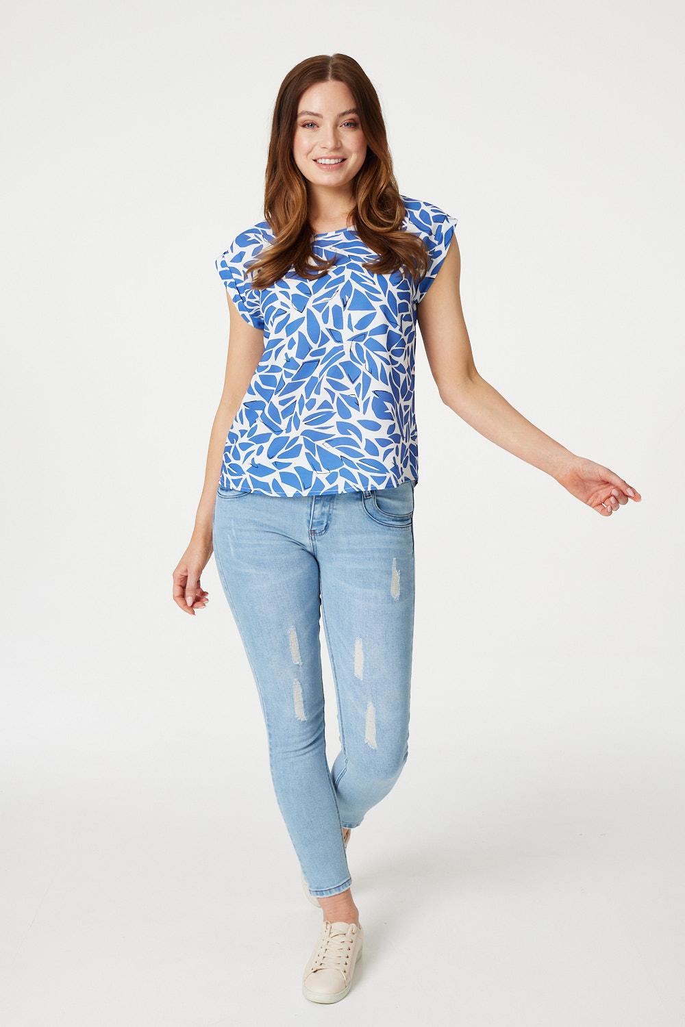 Blue | Printed Turn-Up Sleeve Top