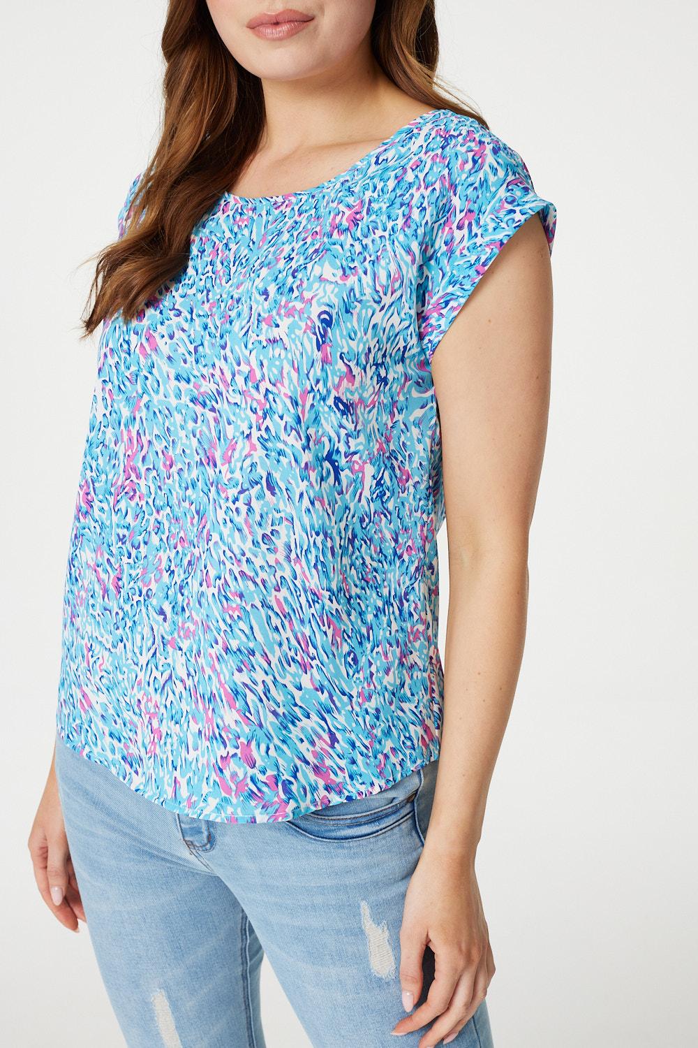Blue | Printed Turn-Up Sleeve Blouse Top