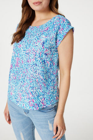 Blue | Printed Turn-Up Sleeve Blouse Top