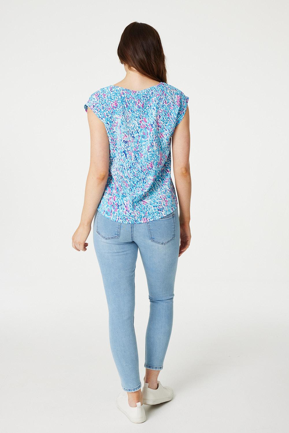 Blue | Printed Turn-Up Sleeve Blouse Top