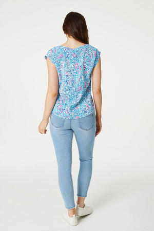 Blue | Printed Turn-Up Sleeve Blouse Top