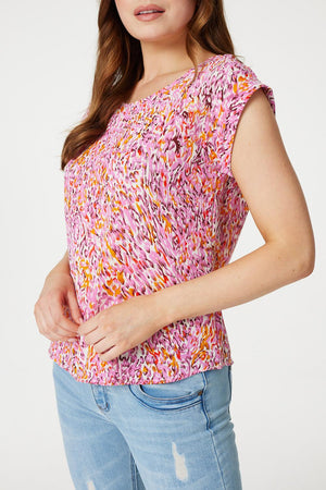 Red | Printed Turn-Up Sleeve Blouse Top