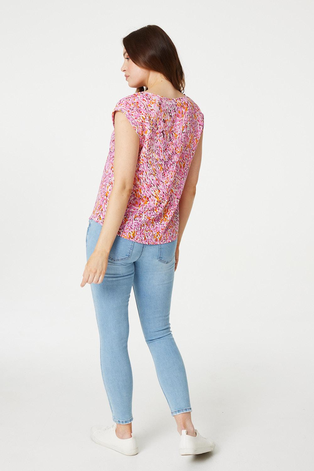 Red | Printed Turn-Up Sleeve Blouse Top