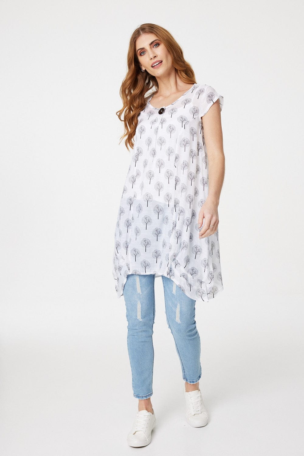 White | Tree Print Cap Sleeve Tunic Top