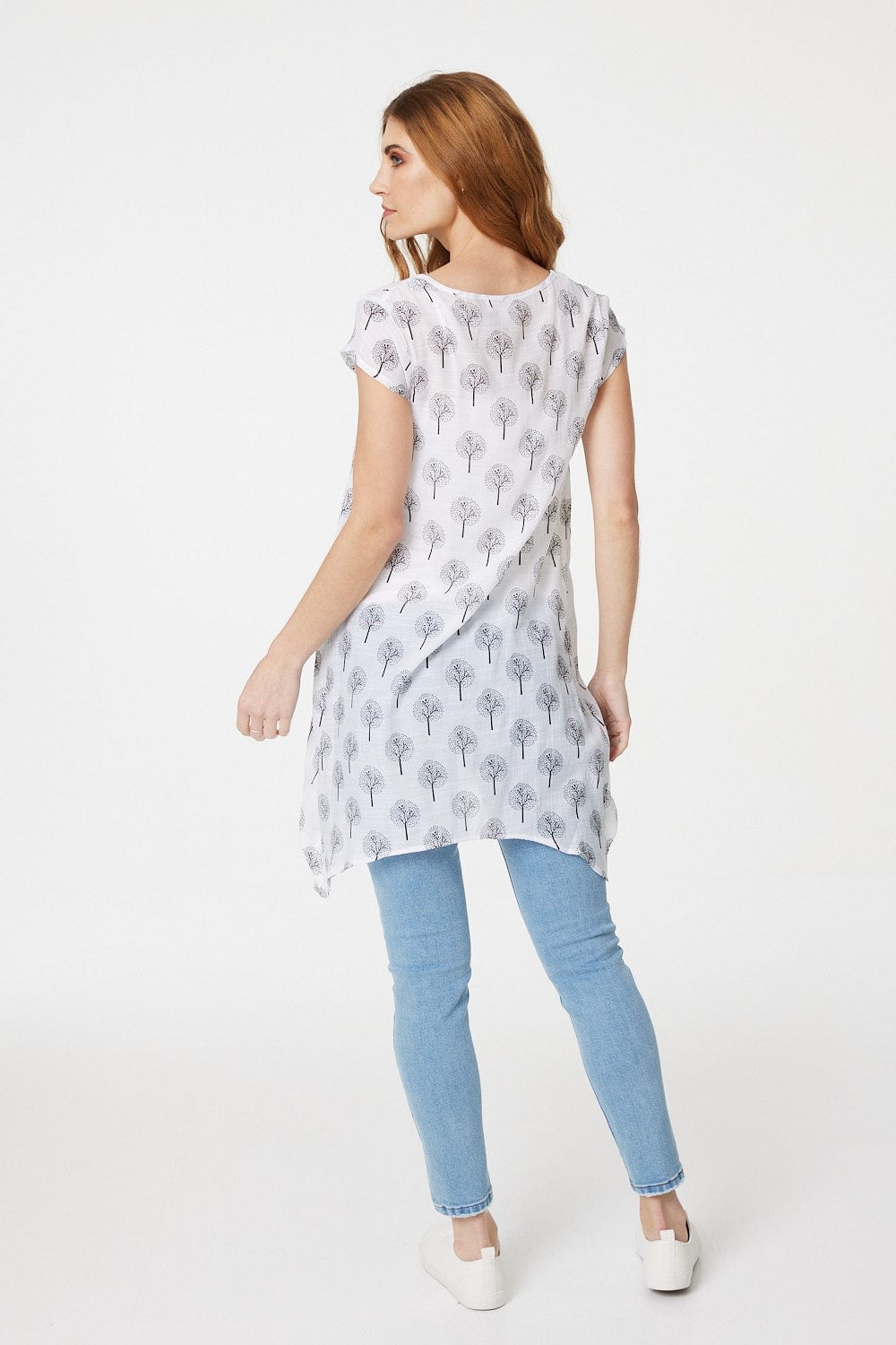 White | Tree Print Cap Sleeve Tunic Top