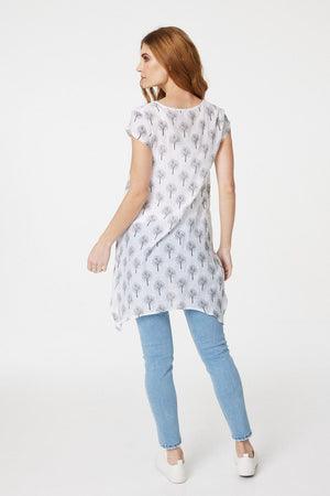 White | Tree Print Cap Sleeve Tunic Top