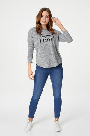 Grey | 3/4 Sleeve Slogan Print Jumper