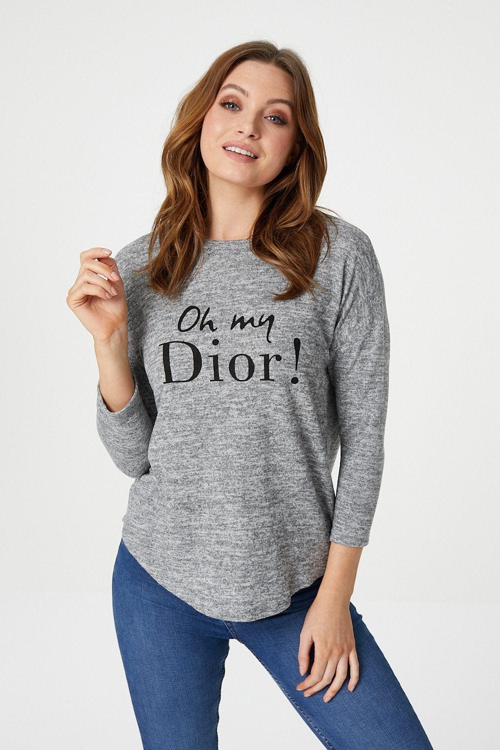 Grey | 3/4 Sleeve Slogan Print Jumper