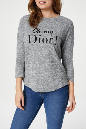 Grey | 3/4 Sleeve Slogan Print Jumper