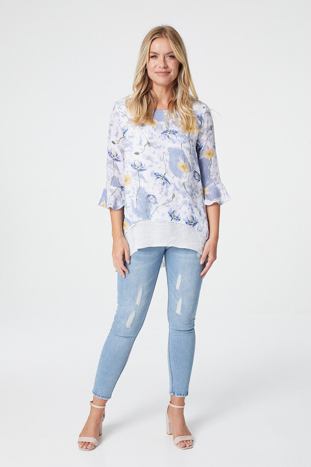 Blue | Floral Layered Hem Top