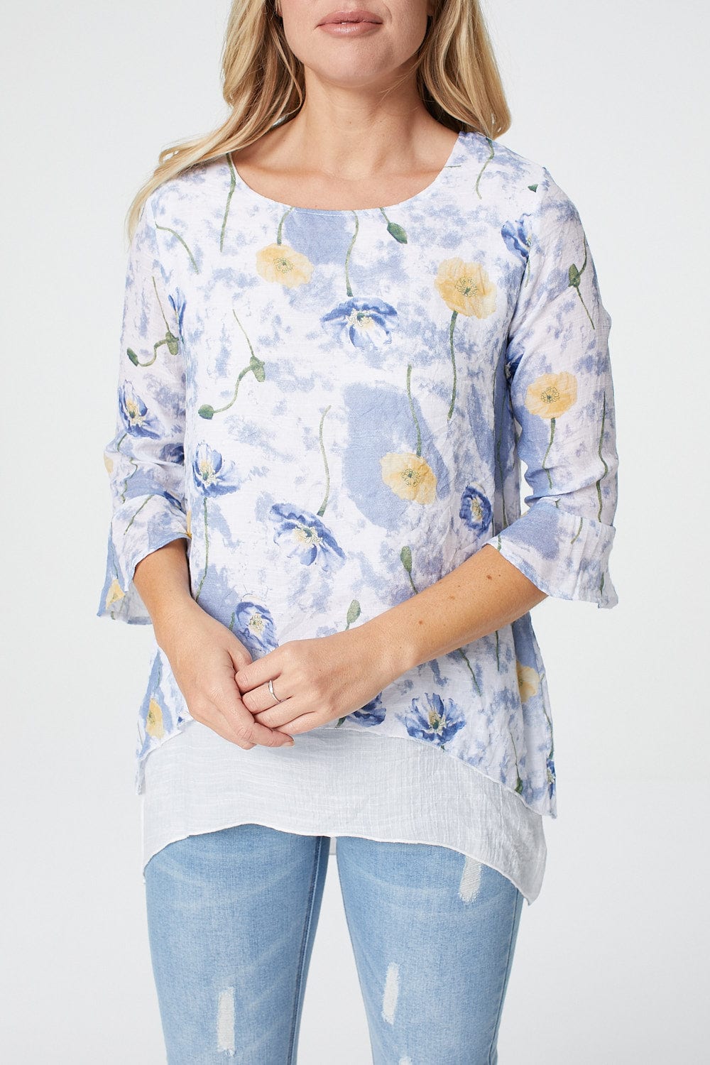 Blue | Floral Layered Hem Top
